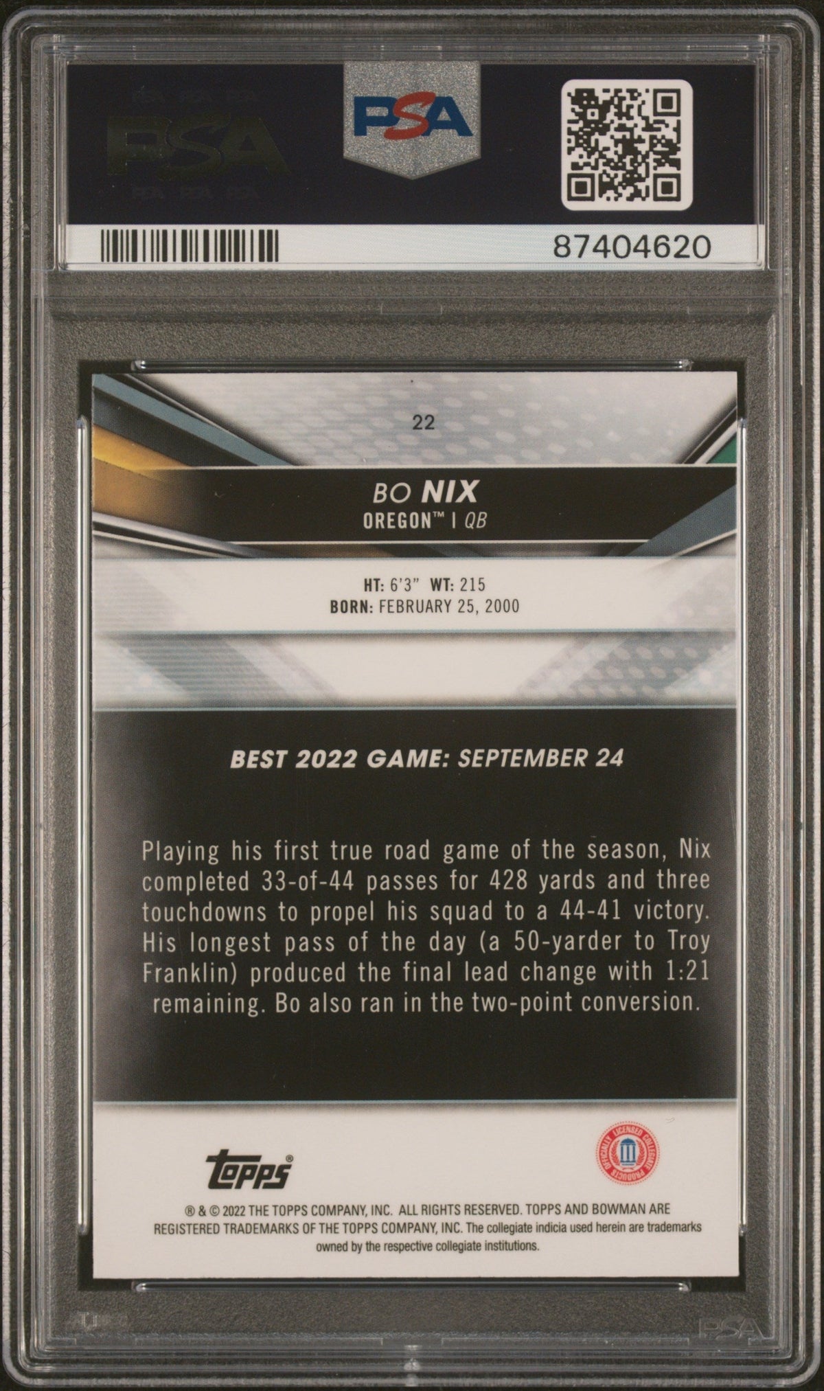 Graded 2022 Topps Bowmans Best University Bo Nix #22 Rookie RC Football Card PSA 10 Gem Mint