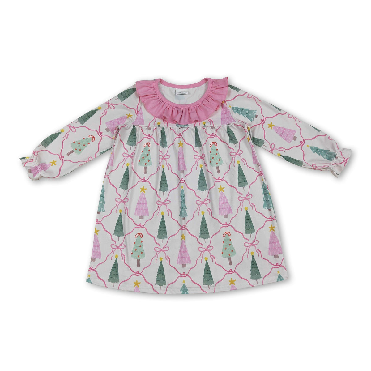 Pink ruffle long sleeves Christmas trees bow girls dress