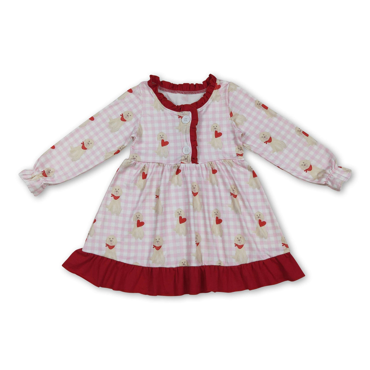 Pink plaid long sleeves heart dog girls valentine's night dress