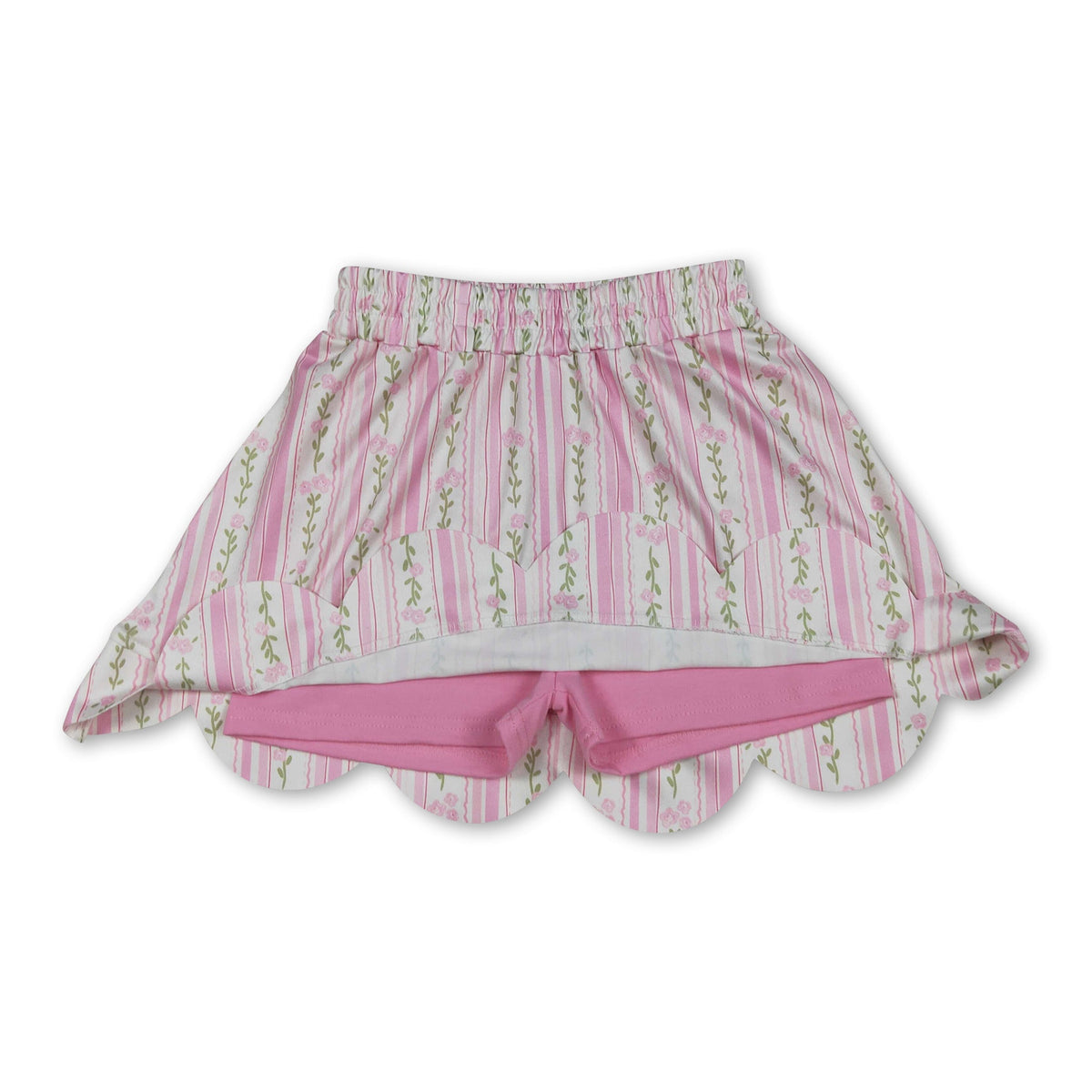 Pink floral elastic waist scallop kids girls skirts