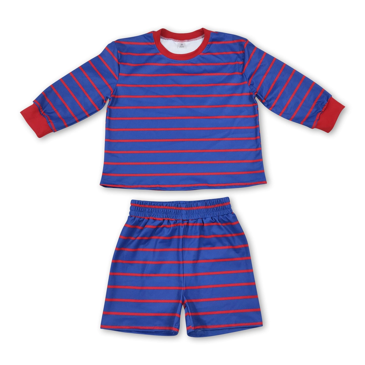Blue red stripe long sleeves top shorts girls active wear set