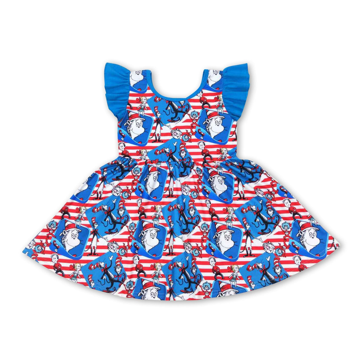 Flutter sleeves blue red stripe cat hat girls dresses
