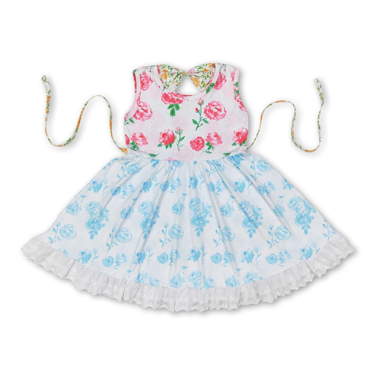Sleeveless blue pink floral girls dresses