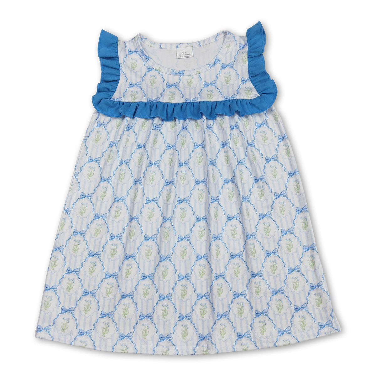 Blue ruffle stripe floral bow baby girls summer dress