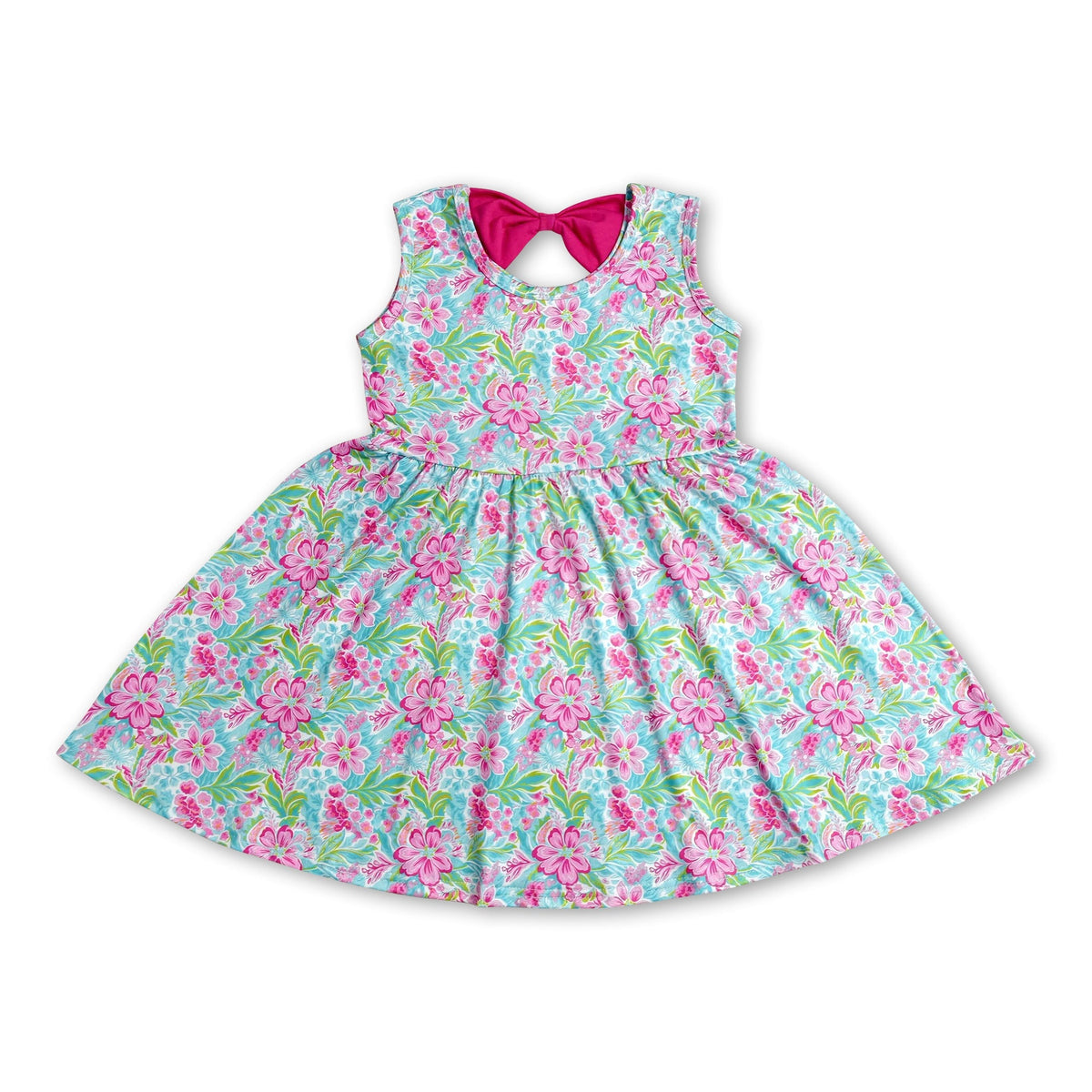 Sleeveless pink floral bow kids girls summer dress