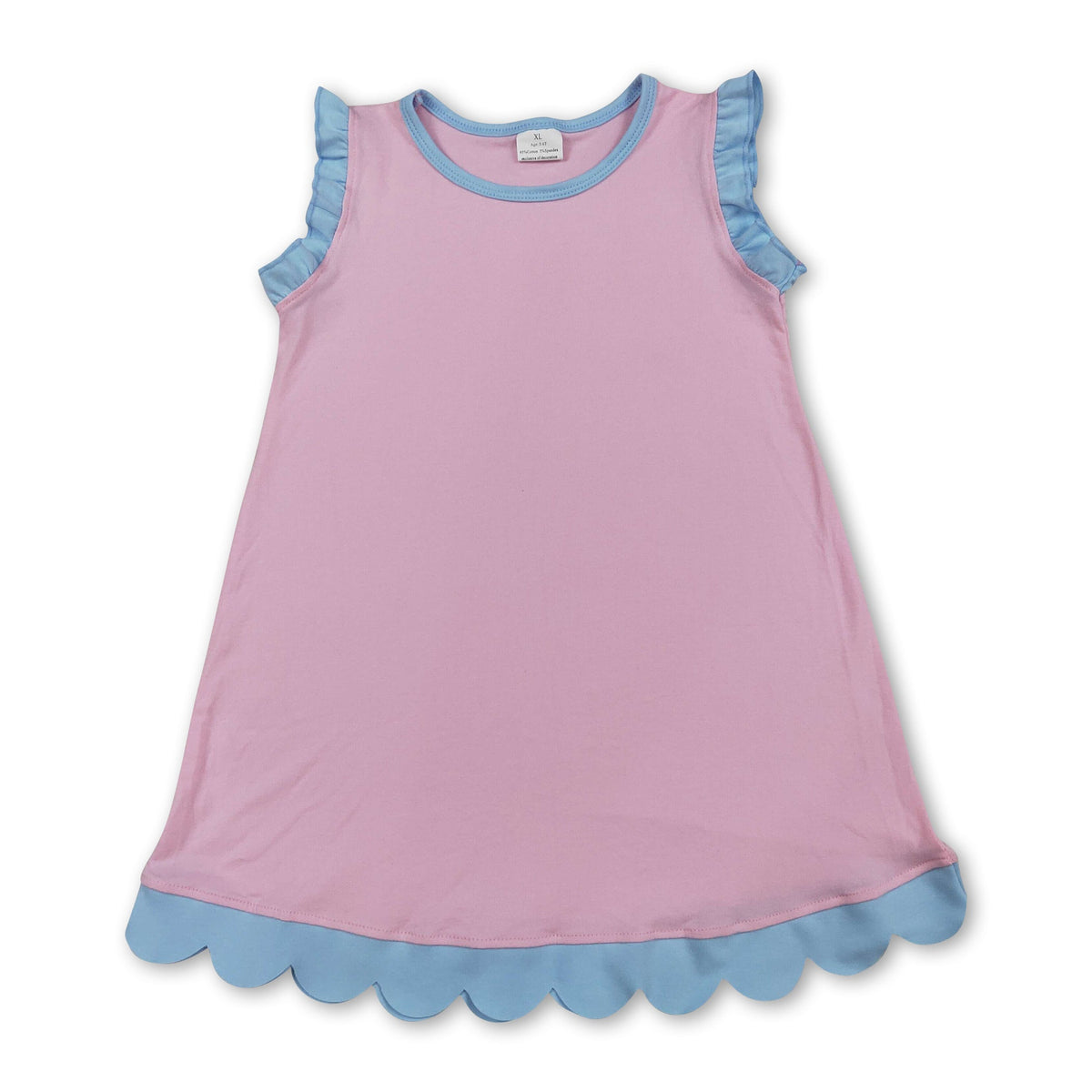 Light blue scallop ruffle sleeveless kids girls cotton dress