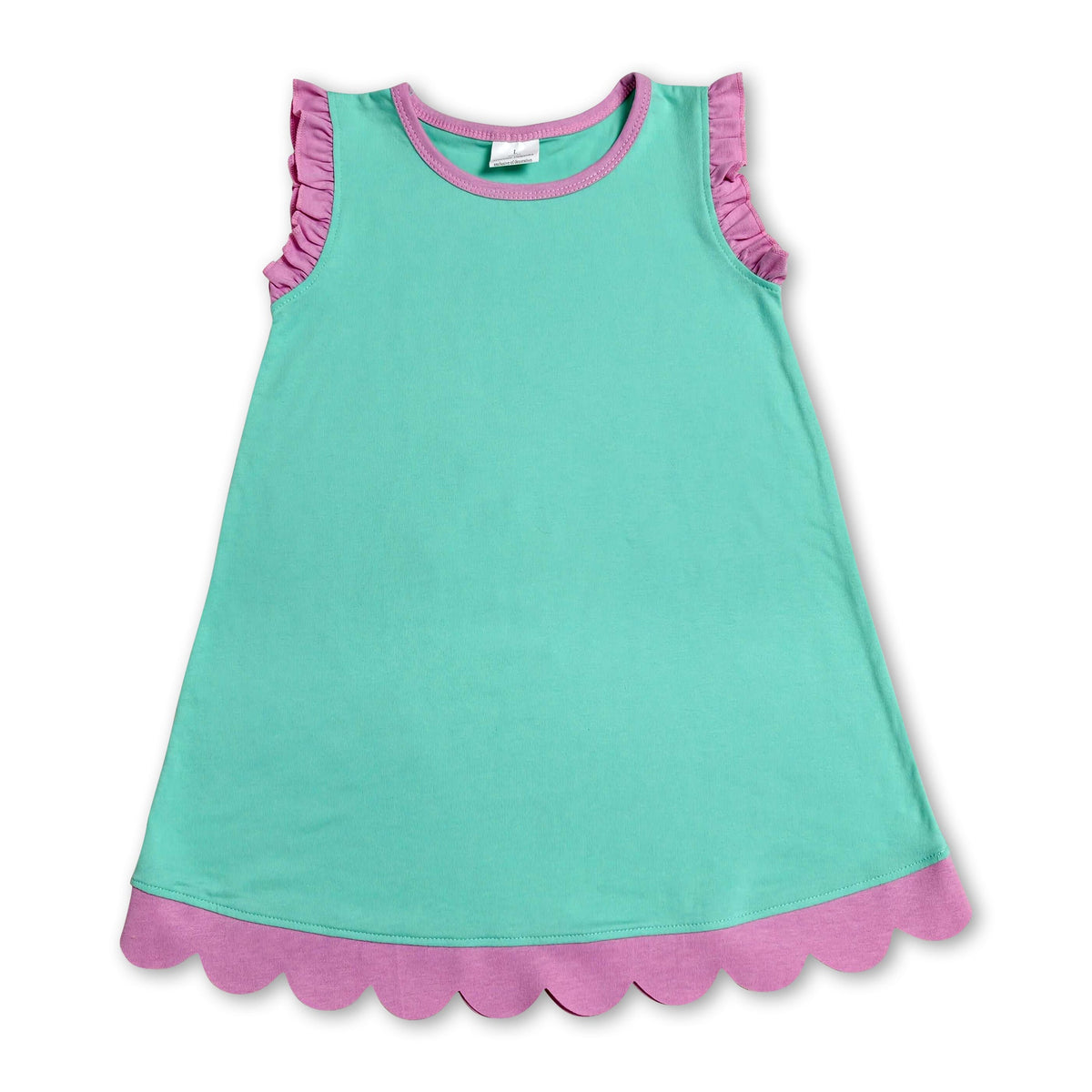 Pink scallop ruffle sleeveless mint girls cotton dress