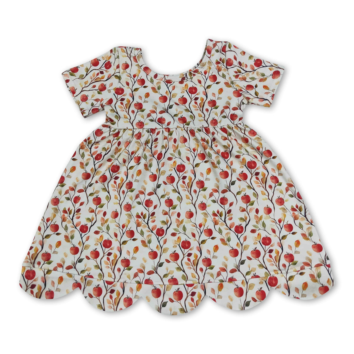Short sleeves apple scallop kids girls back to school dress