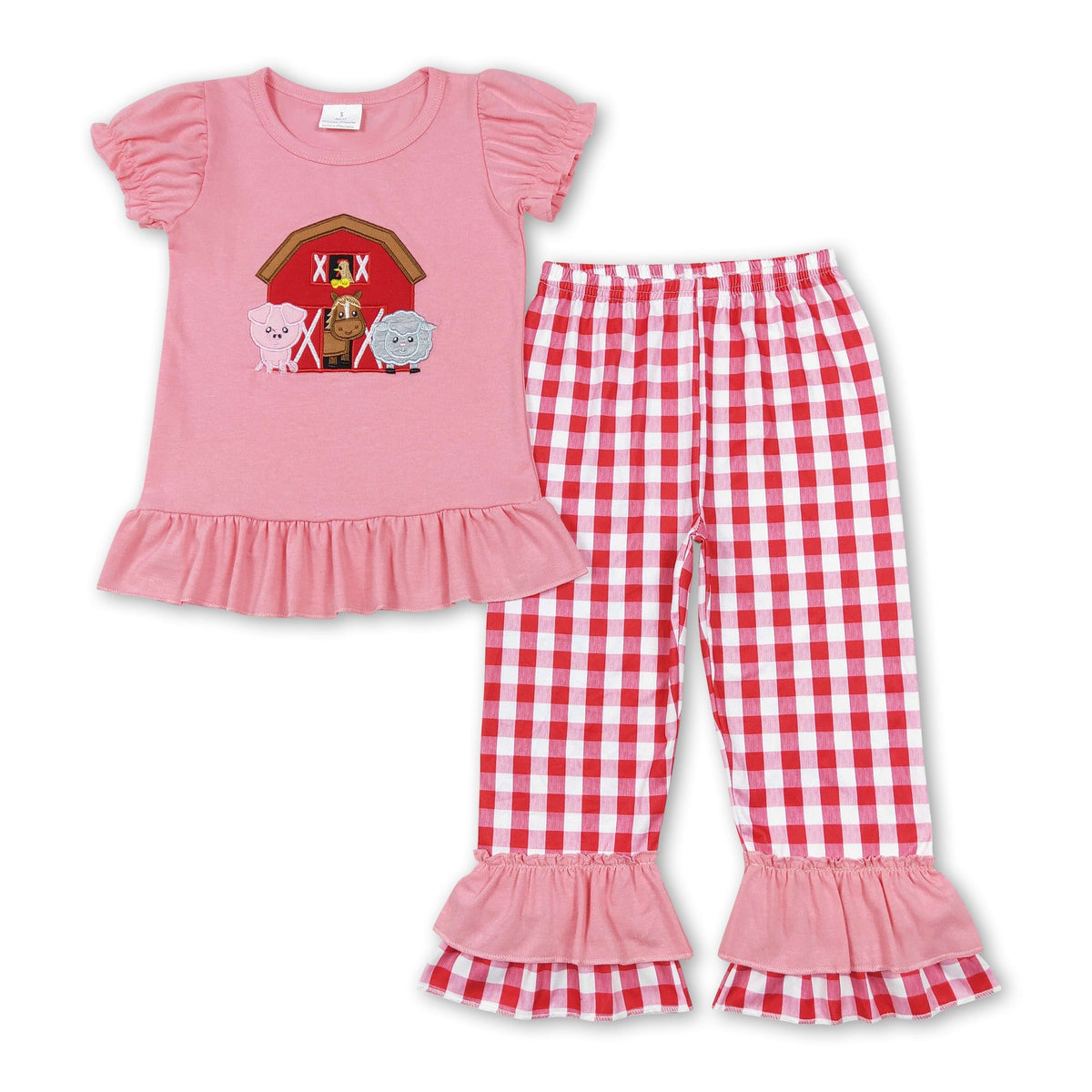 Pig cow sheep chicken top plaid pants girls farm outfits