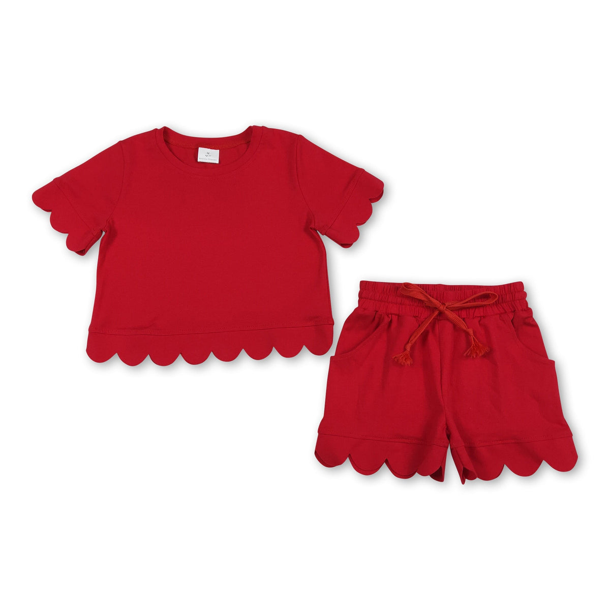 Short sleeves red scallop top shorts girls summer outfit