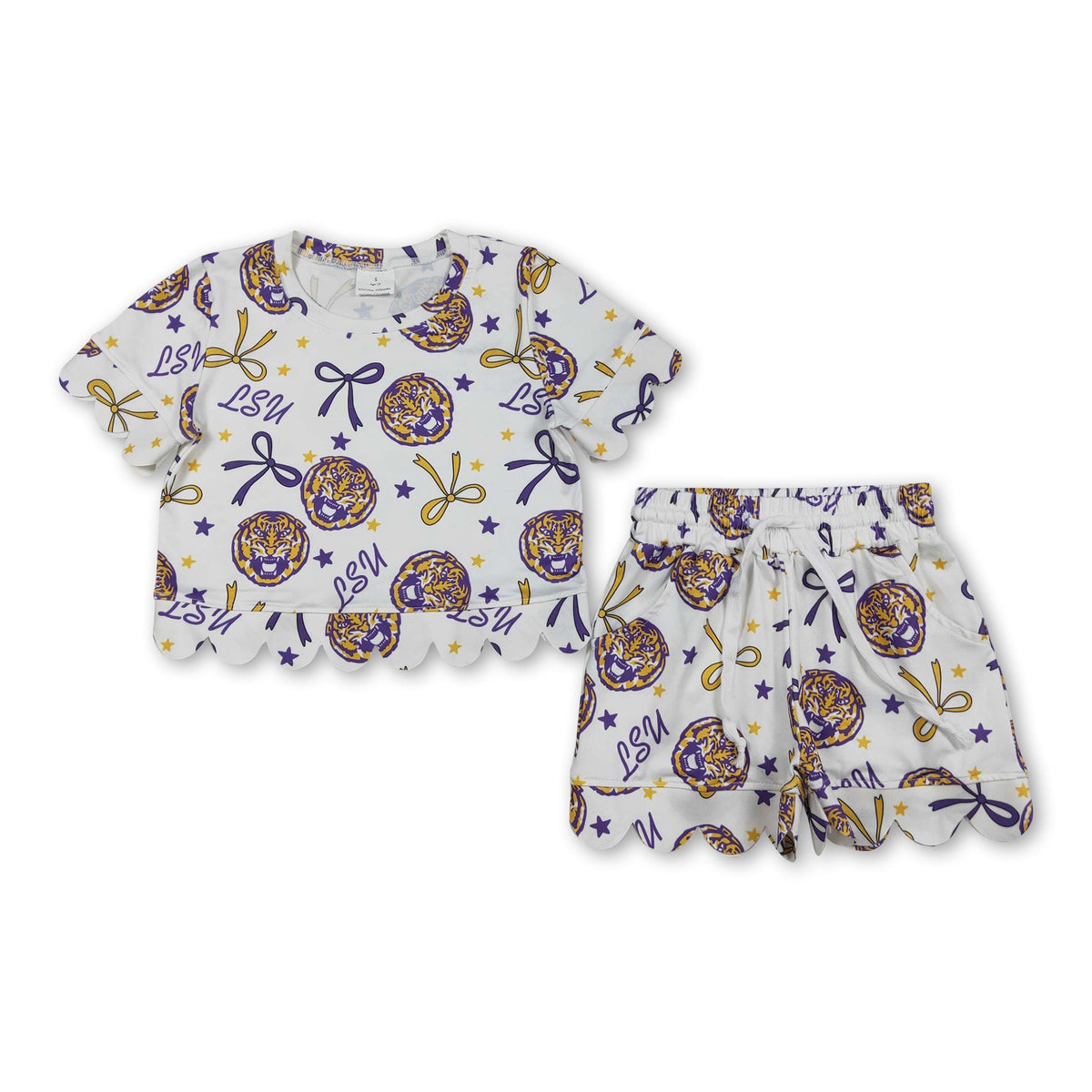 Short sleeves tiger bow scallop girls team outfits