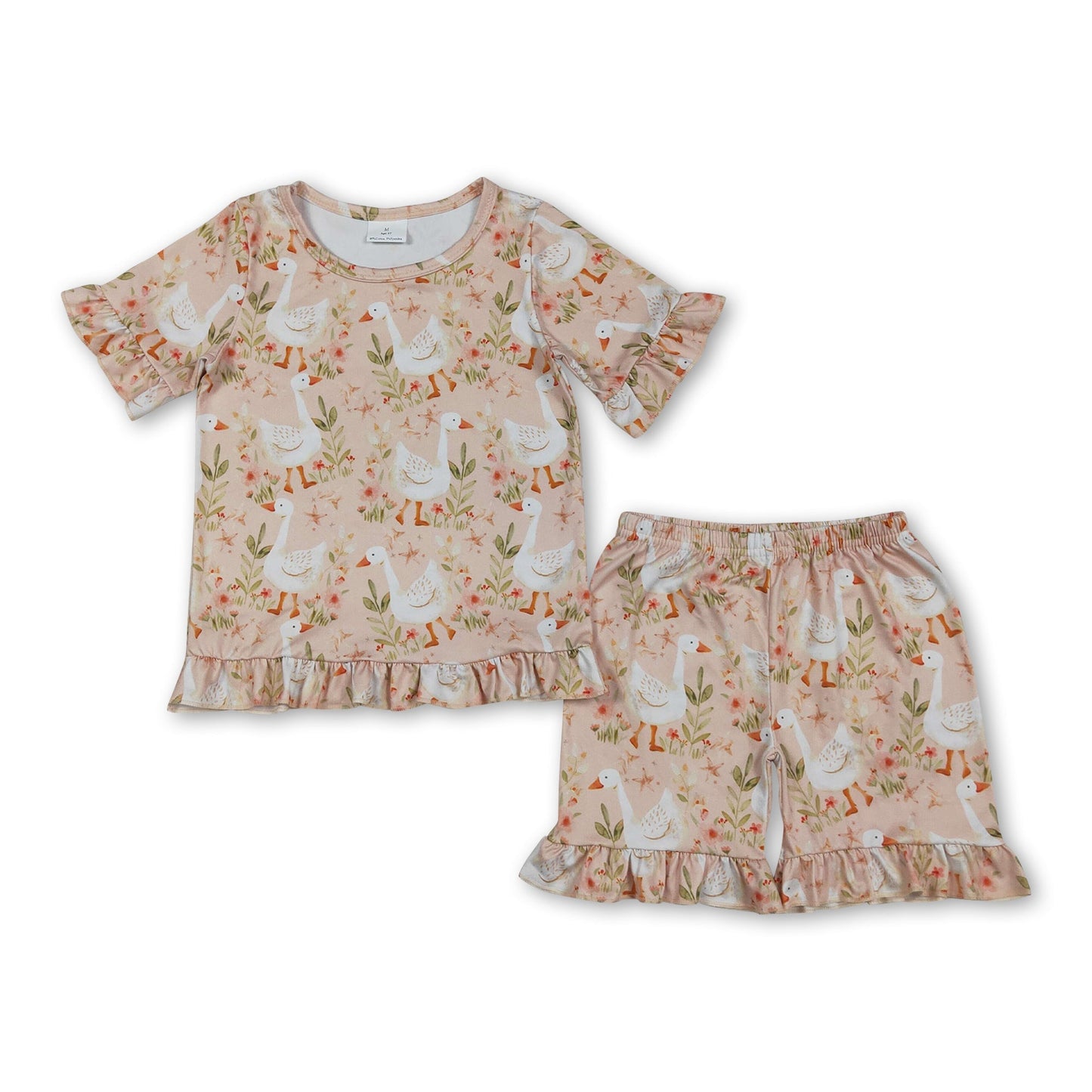 Ruffle short sleeves goose top shorts girl soutfits