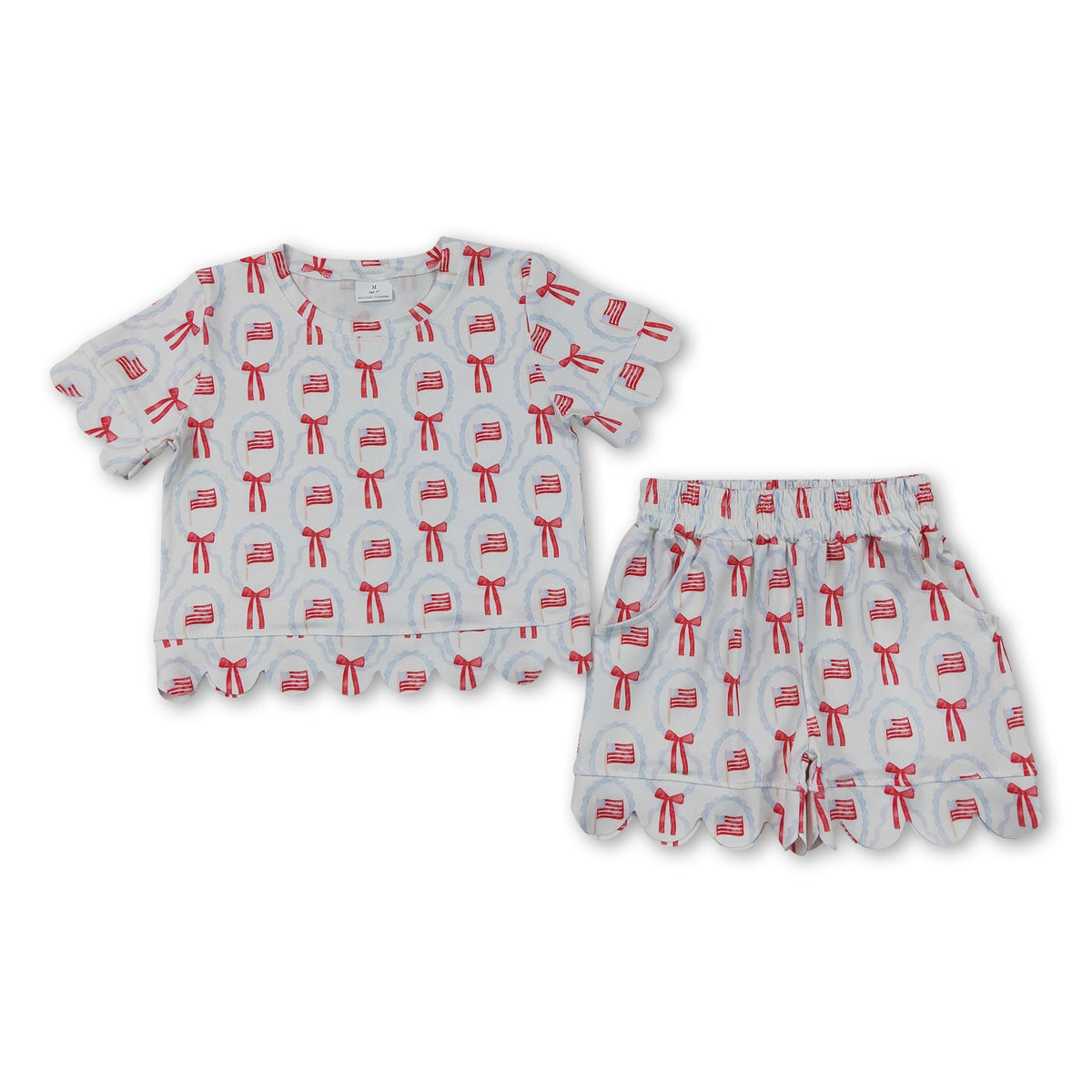 Short sleeves flag bow scallop girls 4th of july outfits