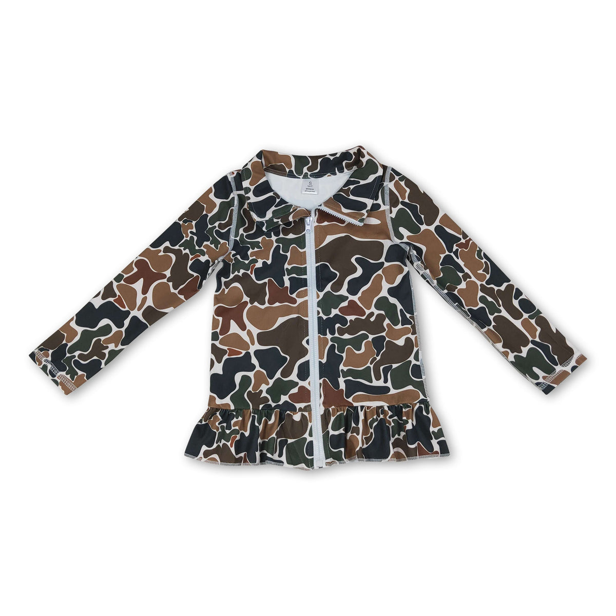 Long sleeves brown camo ruffle zipper girls yoga top