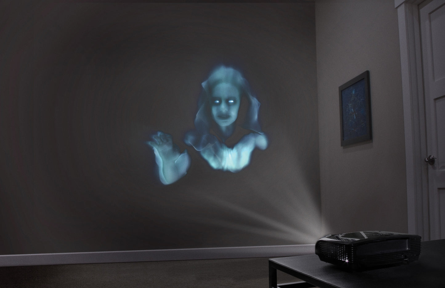 AtmosFX Halloween Digital Decoration USB- -Ghostly Jump Scares + 5.5 ft x 9 ft Projection Screen