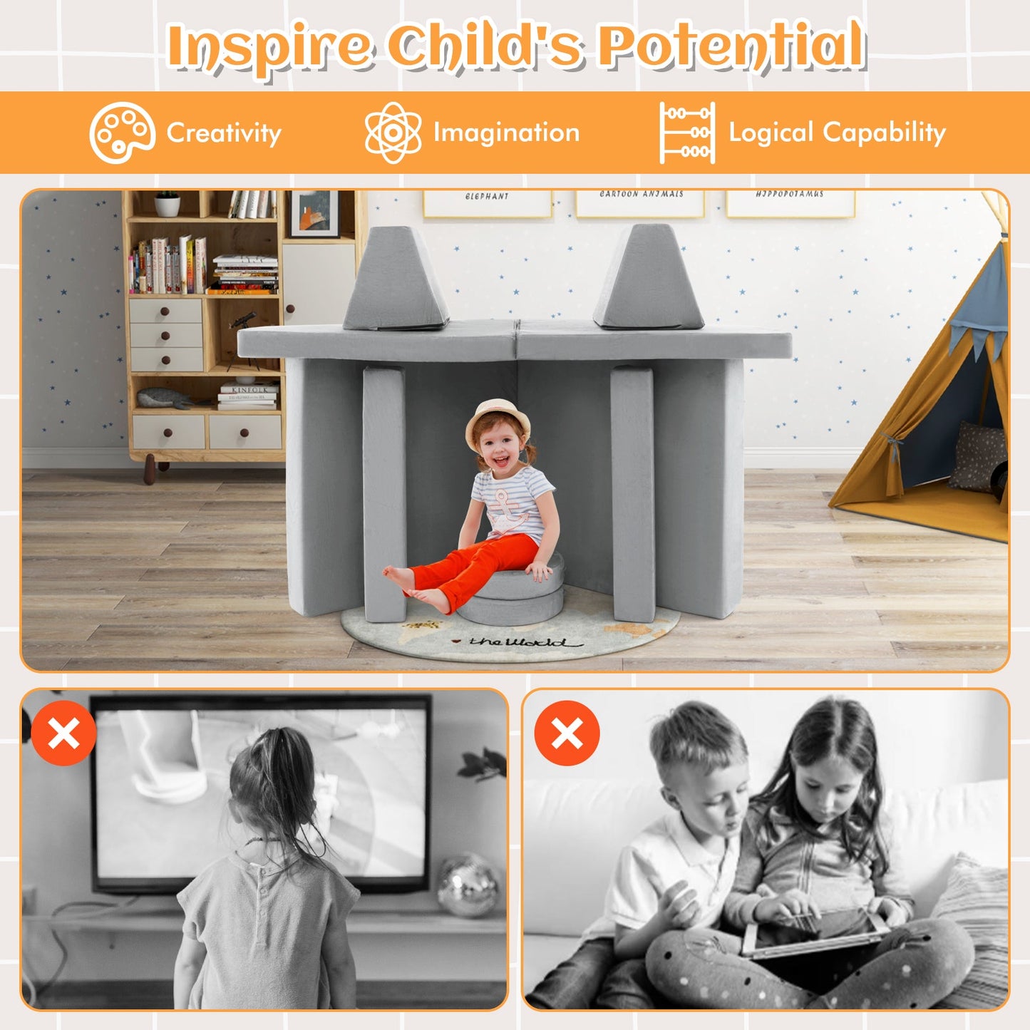 10-Piece Kids Play Couch Sofa with Portable Handle-Gray
