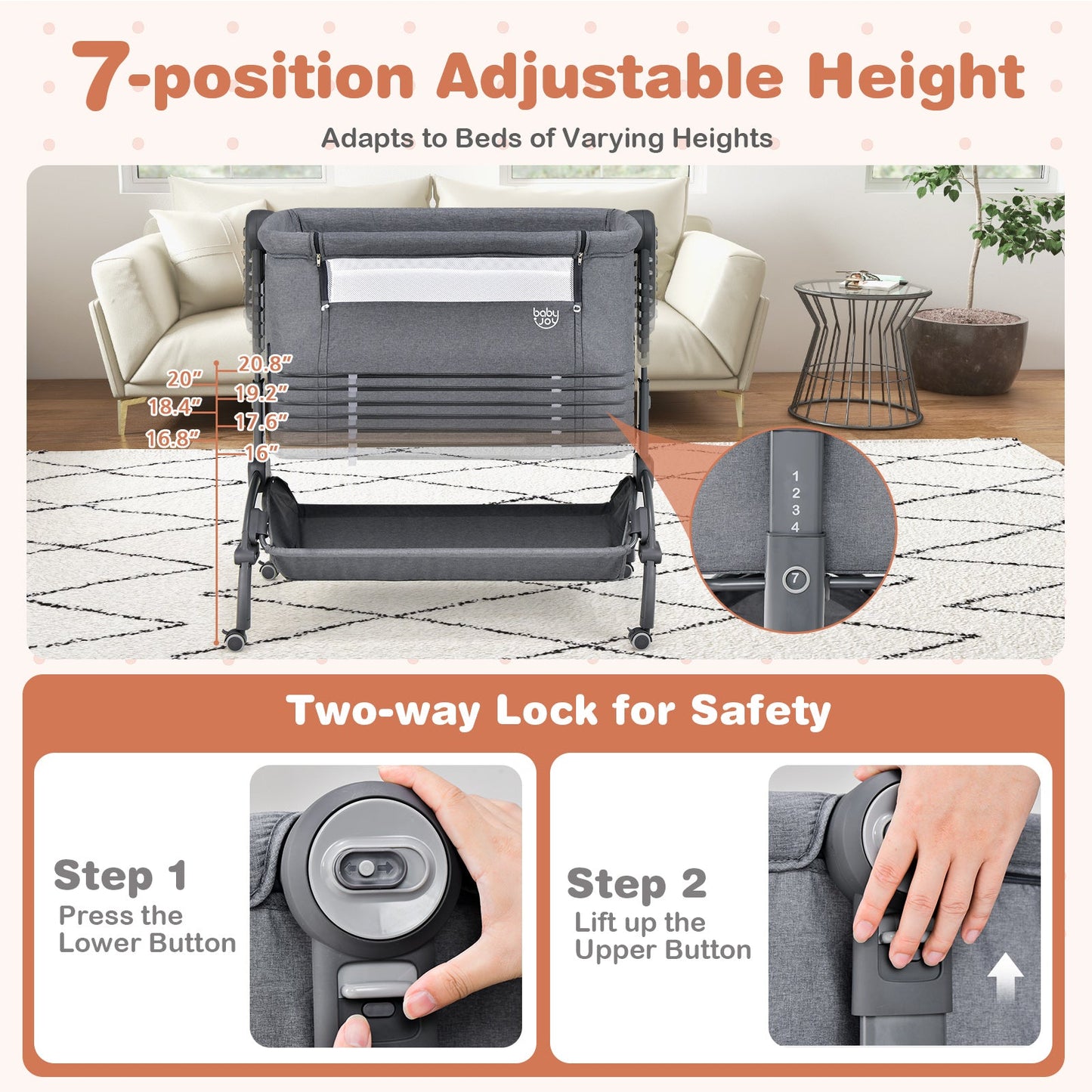 3-in-1 Baby Bassinet with Double-Lock Design and Adjustable Heights-Gray