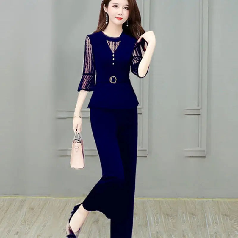 5XL Women Pants 2-Piece Set Female Summer Set Lady Slim Tops+ Wide Leg
