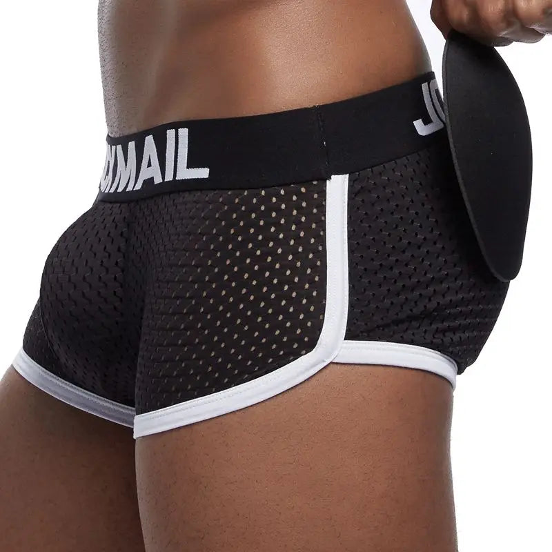 JOCKMAIL Sexy Men underwear Boxers Men's Padded Enhancing Removable front and bottom Breathable Mesh Gay Underwear Spring summer