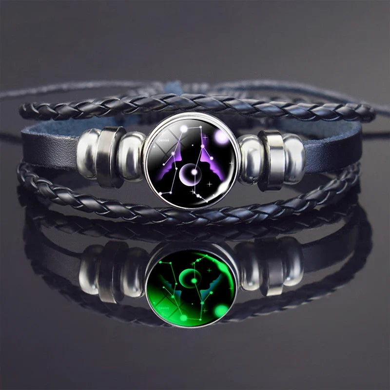 Glow In The Dark Constellation Gemini Bracelet Braided Leather Bracelet Zodiac Gemini Jewelry Birthday Present