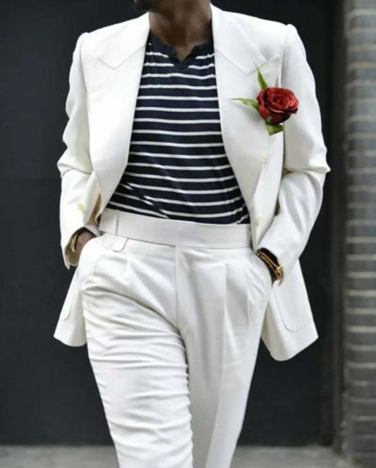 Costume Homme 2 Pieces Men Suit White Color Beach Wedding Formal Suits Peak Lapel Jacket Pants Causal Prom Customized