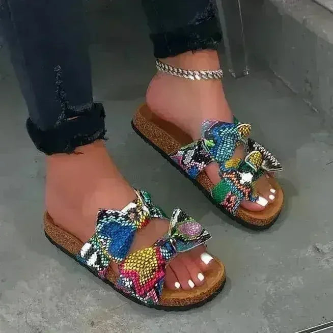 2 Straps Snake Print Bow Women Slippers
