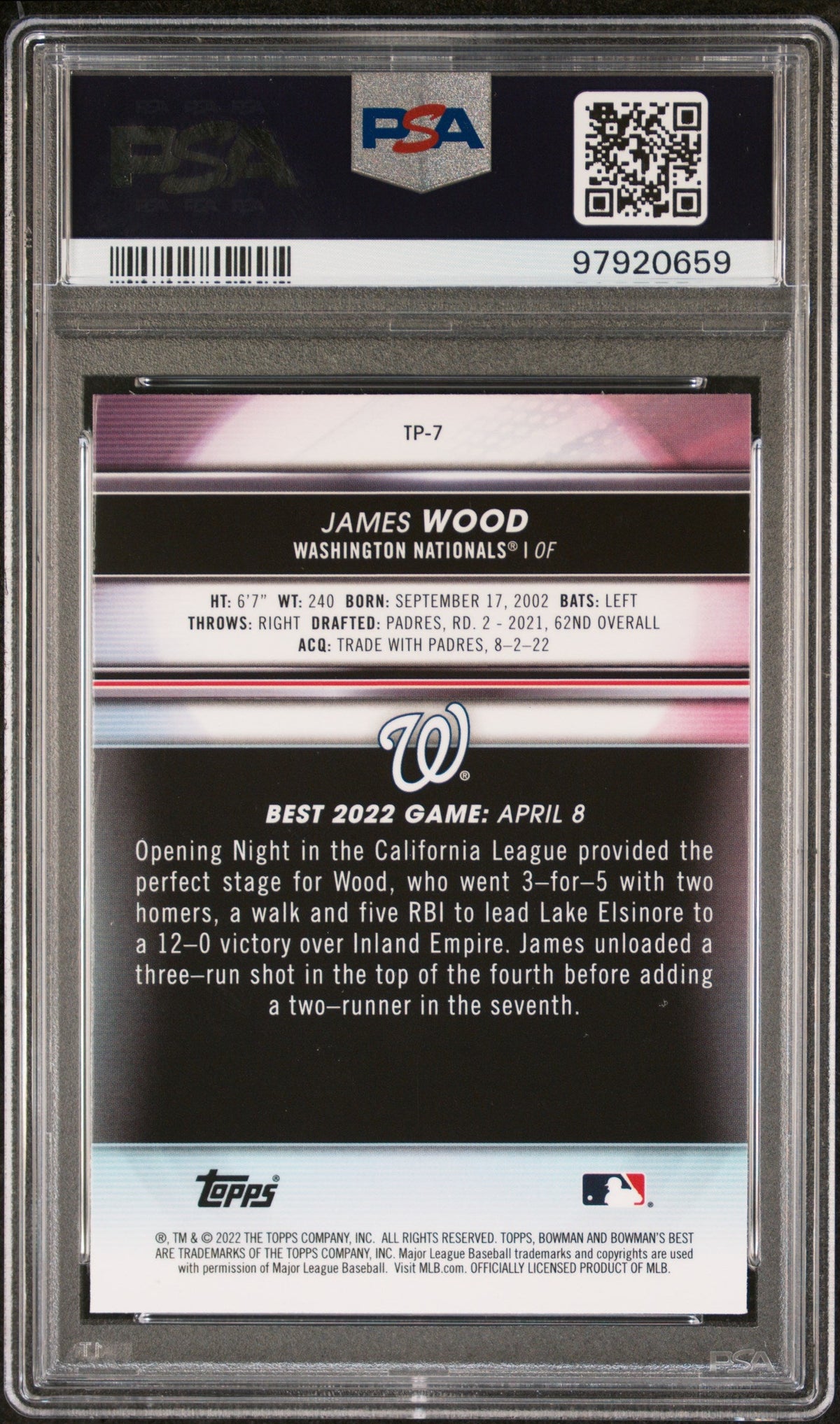 Graded 2022 Topps Bowmans Best James Wood #TP7 Top Prospects Atomic Refractor Rookie RC Baseball Card PSA 10 Gem Mint