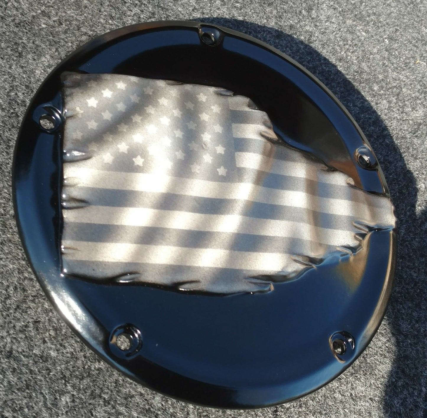 Tattered American Flag Harley derby cover denim finish