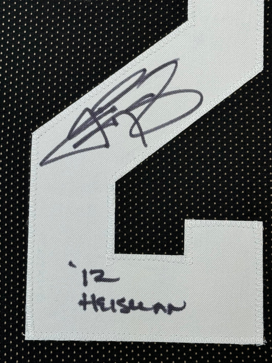 Framed Autographed/Signed Johnny Manziel 12 Heisman 35x39 Texas A&M Black College Football Jersey JSA COA