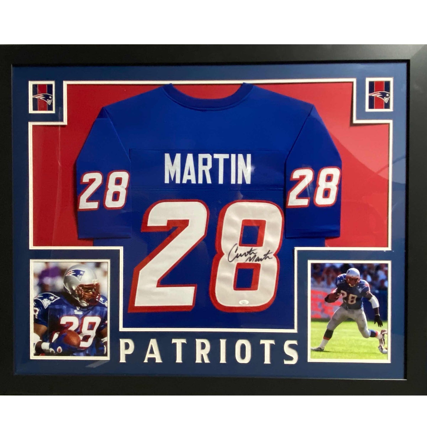 Framed Autographed/Signed Curtis Martin 35x43 New England Blue Football Jersey JSA COA