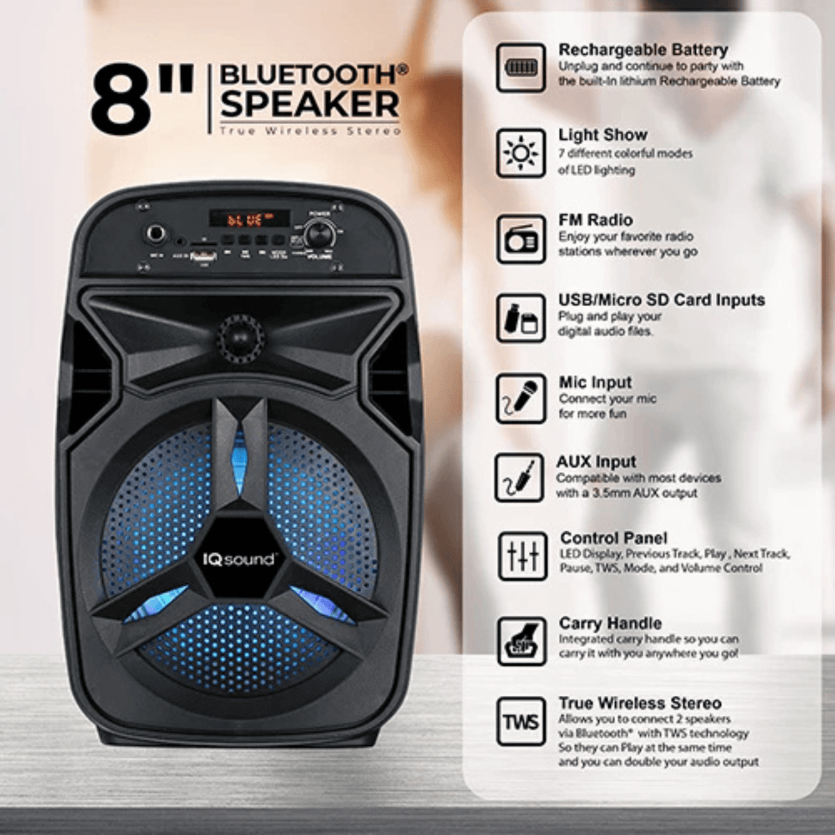 IQ Sound 8-Inch Portable Bluetooth TWS Speaker