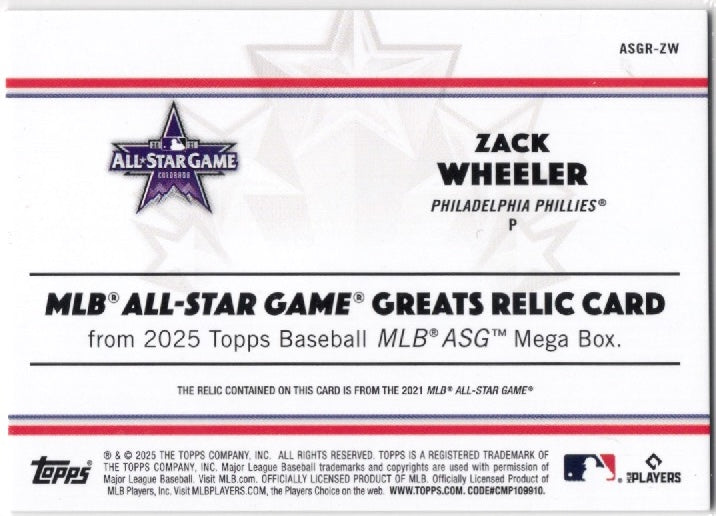 2025 Topps Zack Wheeler #ASGRZW All Star Game Greats Relic Philadelphia Phillies Baseball Card