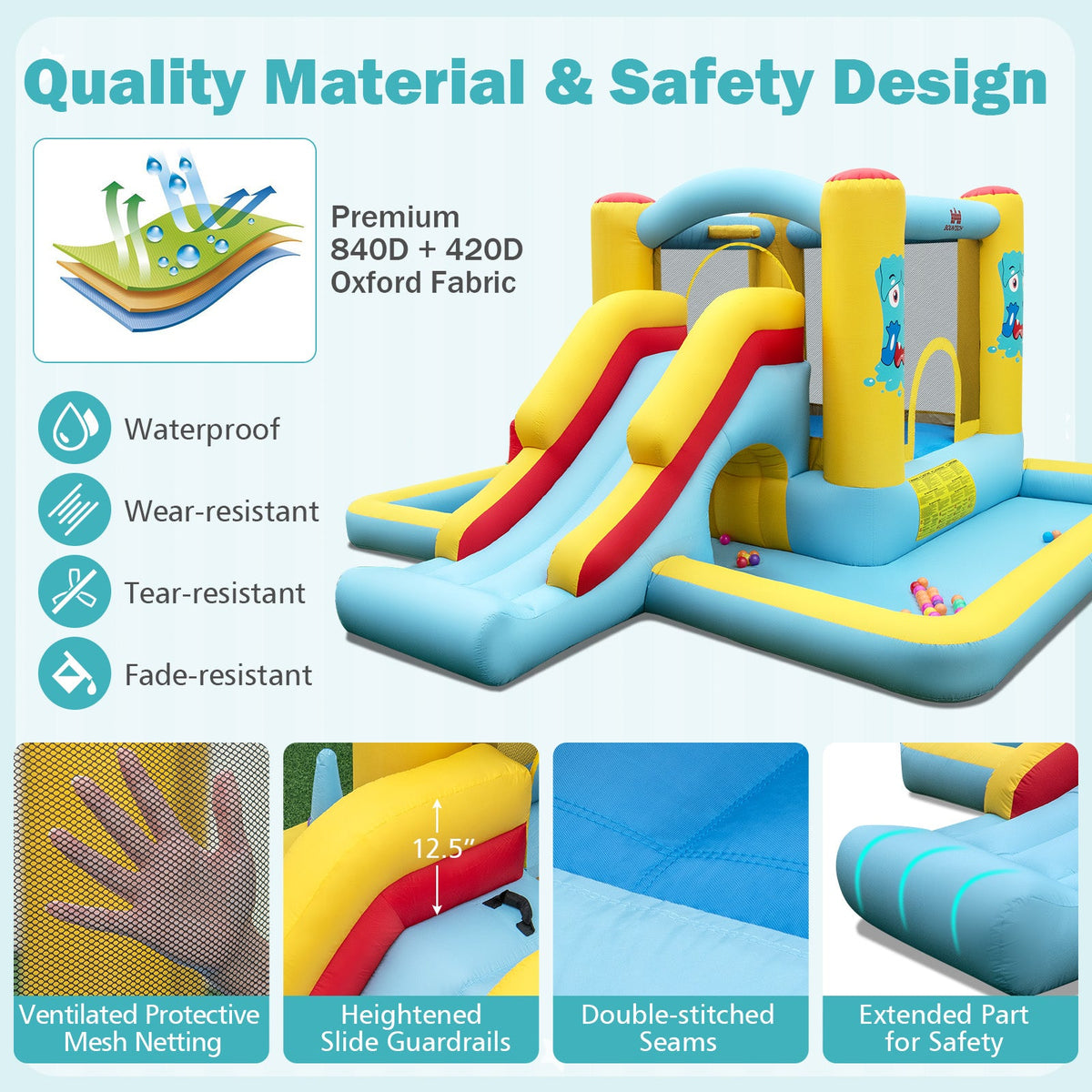Inflatable Bounce House 7-in-1 Bouncy Castle with Slide and Tunnel with 550W Blower