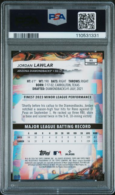 Graded 2024 Topps Finest Jordan Lawlar #95 /325 Sky Blue Refractor Rookie RC Baseball Card PSA 10 Gem Mint