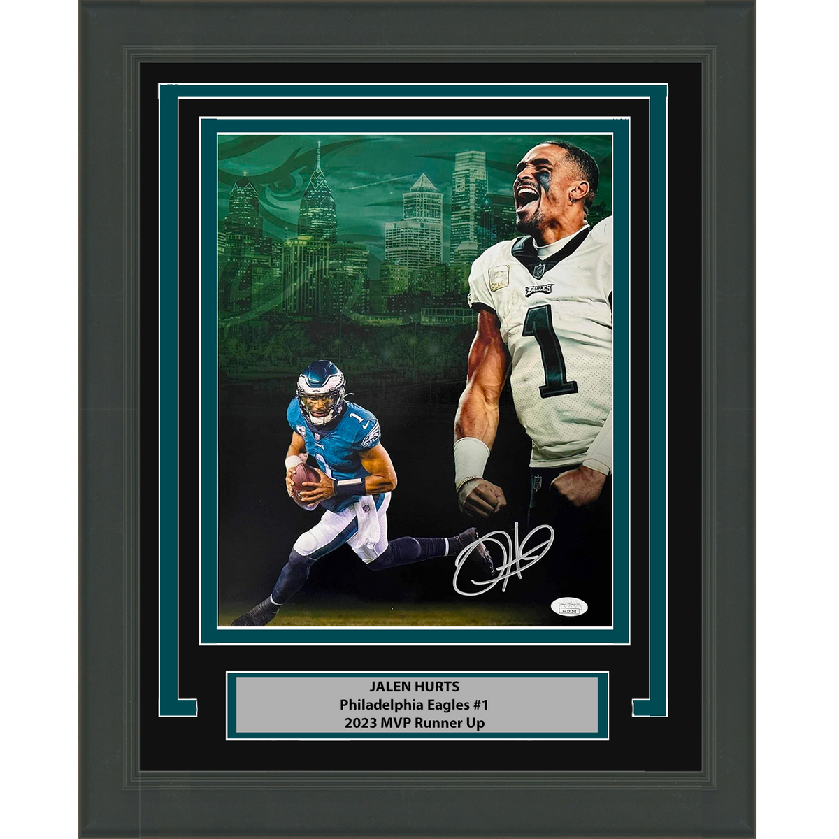 Framed Autographed/Signed Jalen Hurts Philadelphia Eagles 8x10 Football Photo JSA COA #3