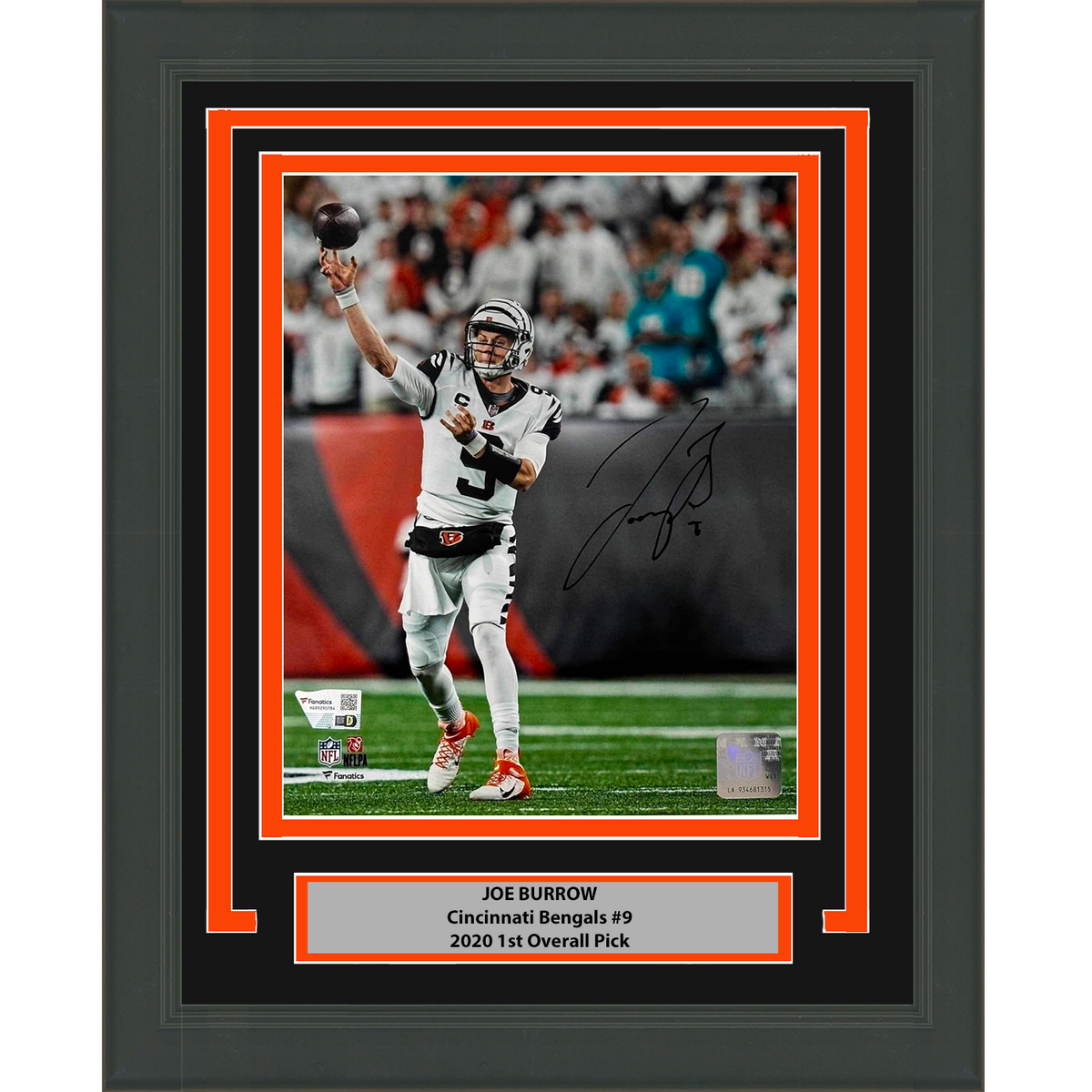 Framed Autographed/Signed Joe Burrow Cincinnati Bengals 8x10 Football Photo Fanatics COA #2
