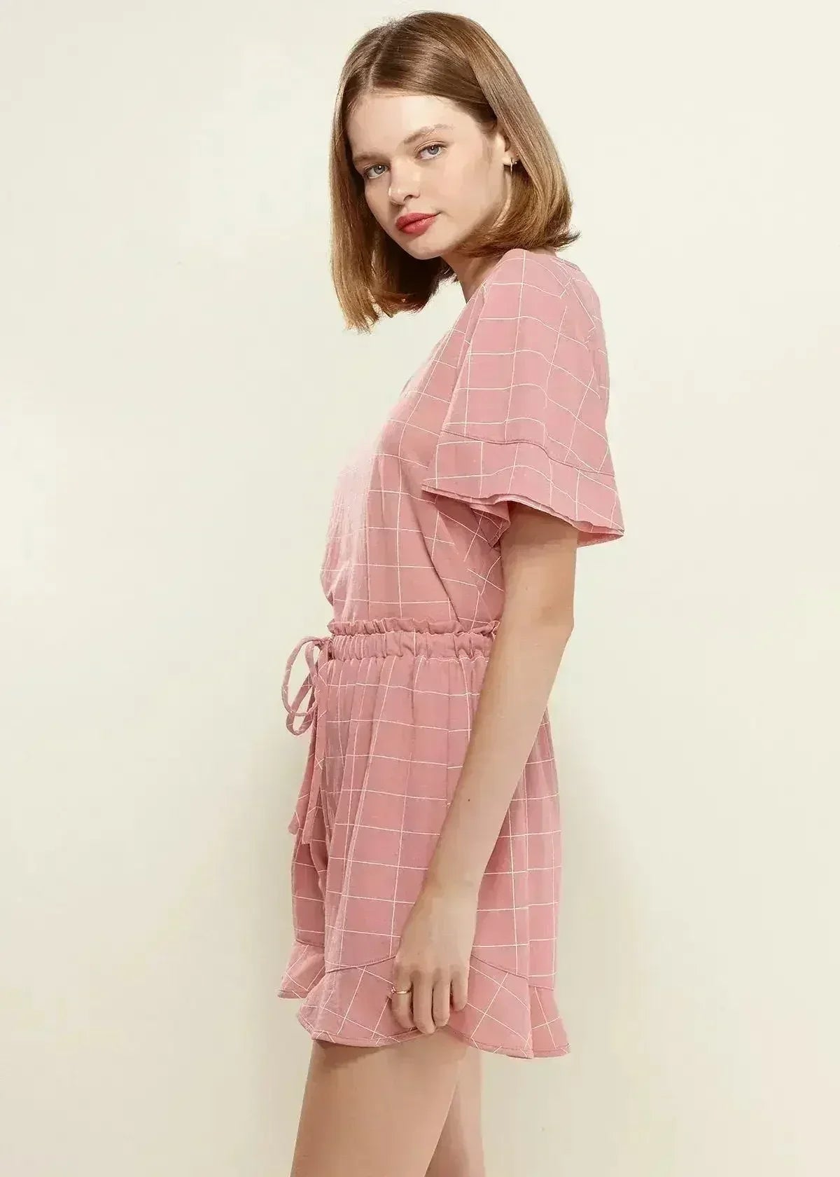 Women's Grid Print Crew Neck Blouse in Pink | Femstylo