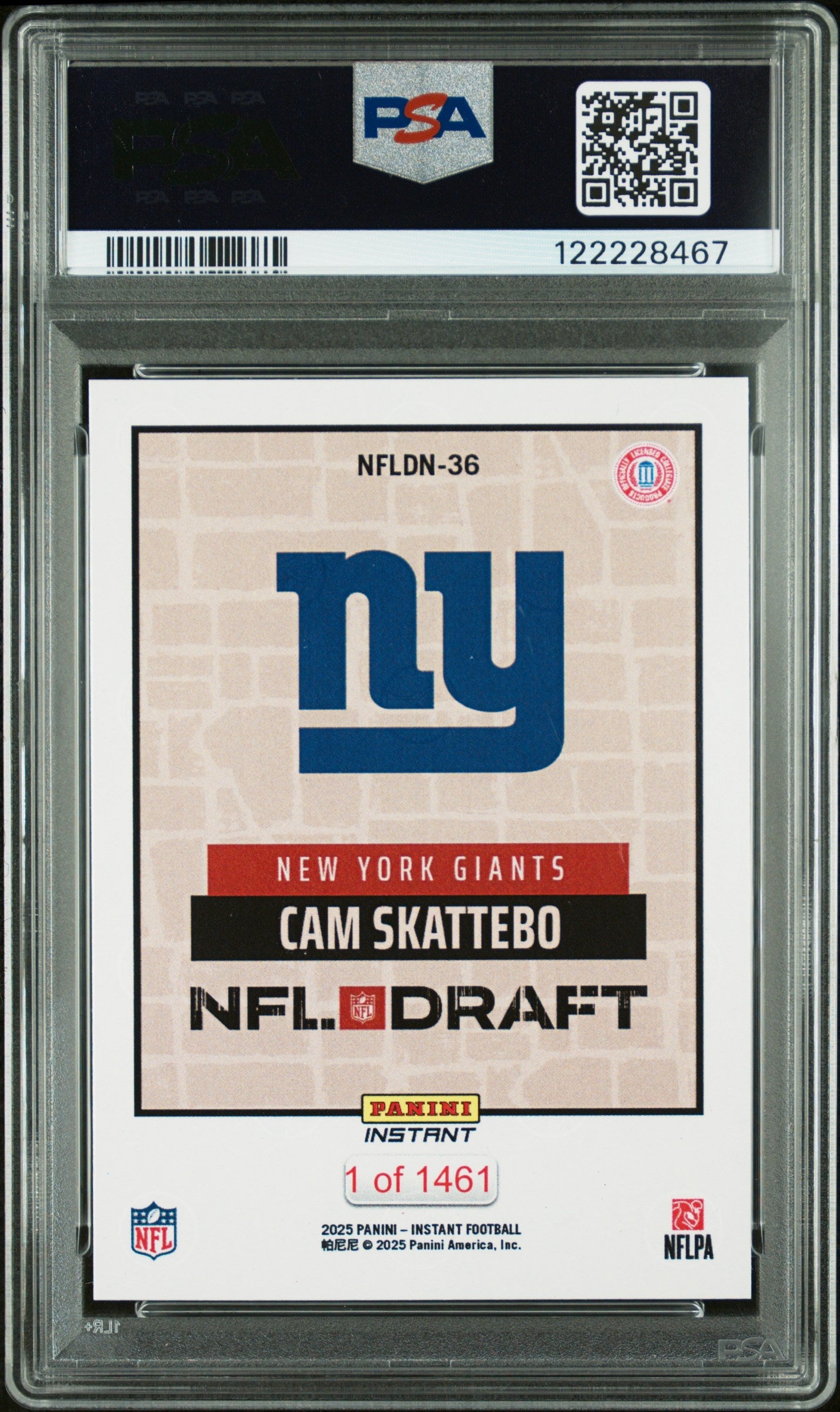 Graded 2025 Panini Instant Cam Skattebo #NFLDN36 NFL Draft Night Rookie RC Football Card PSA 10 Gem Mint
