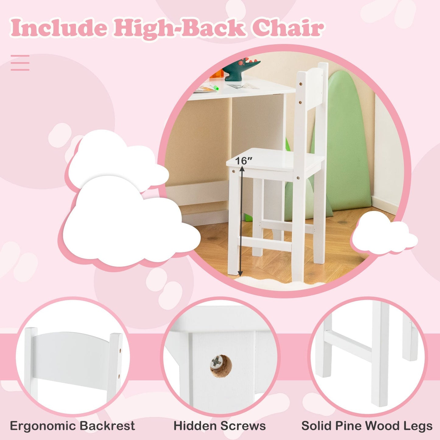 Kids Study Desk and Chair Set with Storage Cabinet