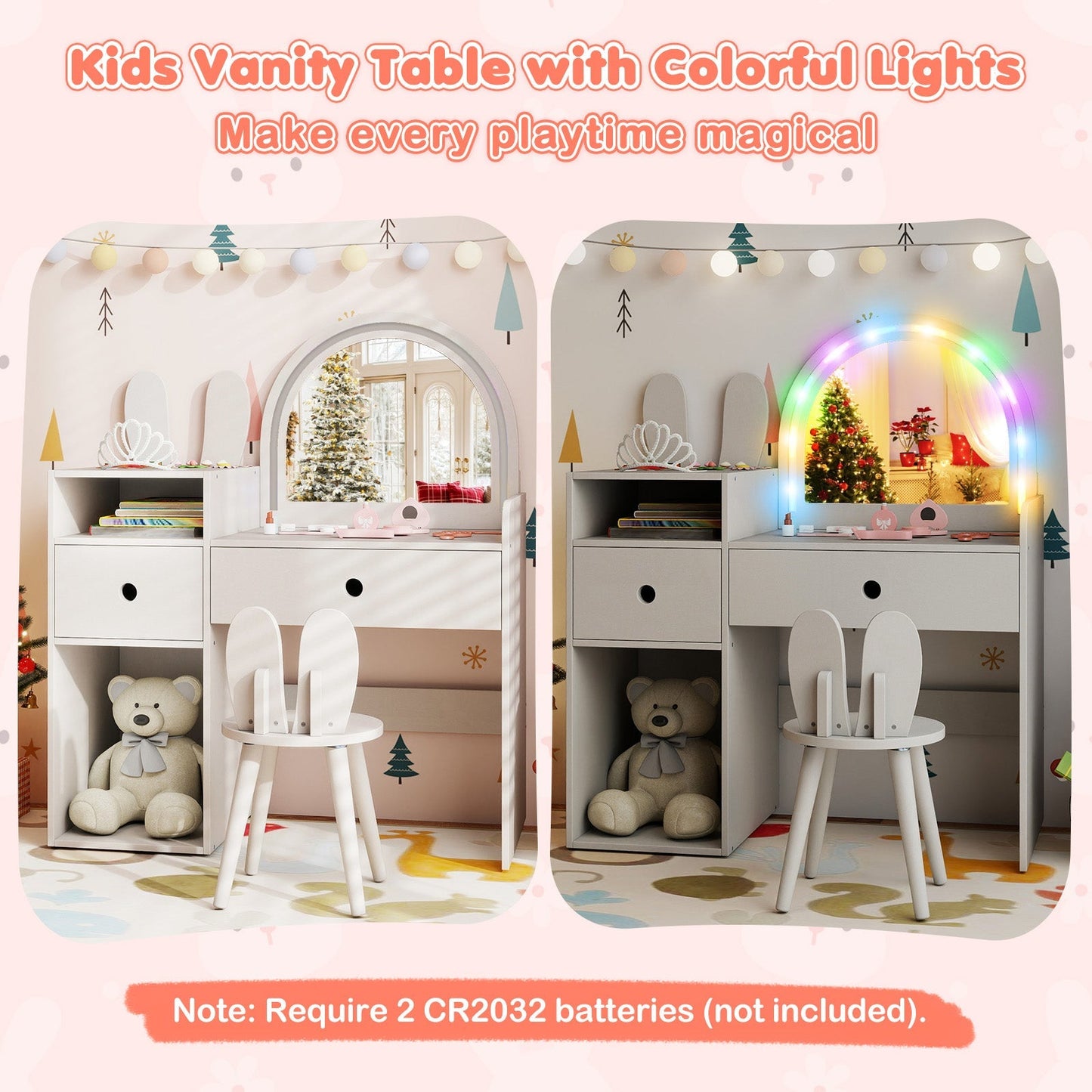 Kids Vanity Desk and Chair Set with Lights Open Shelves
