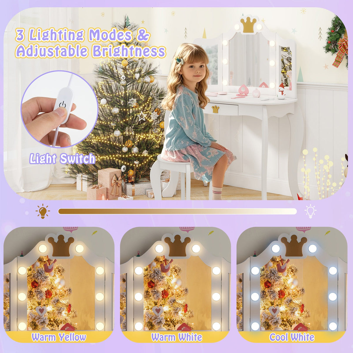 Kids Vanity Set with Tri-fold Lighted Mirror Detachable Top and Stool-White
