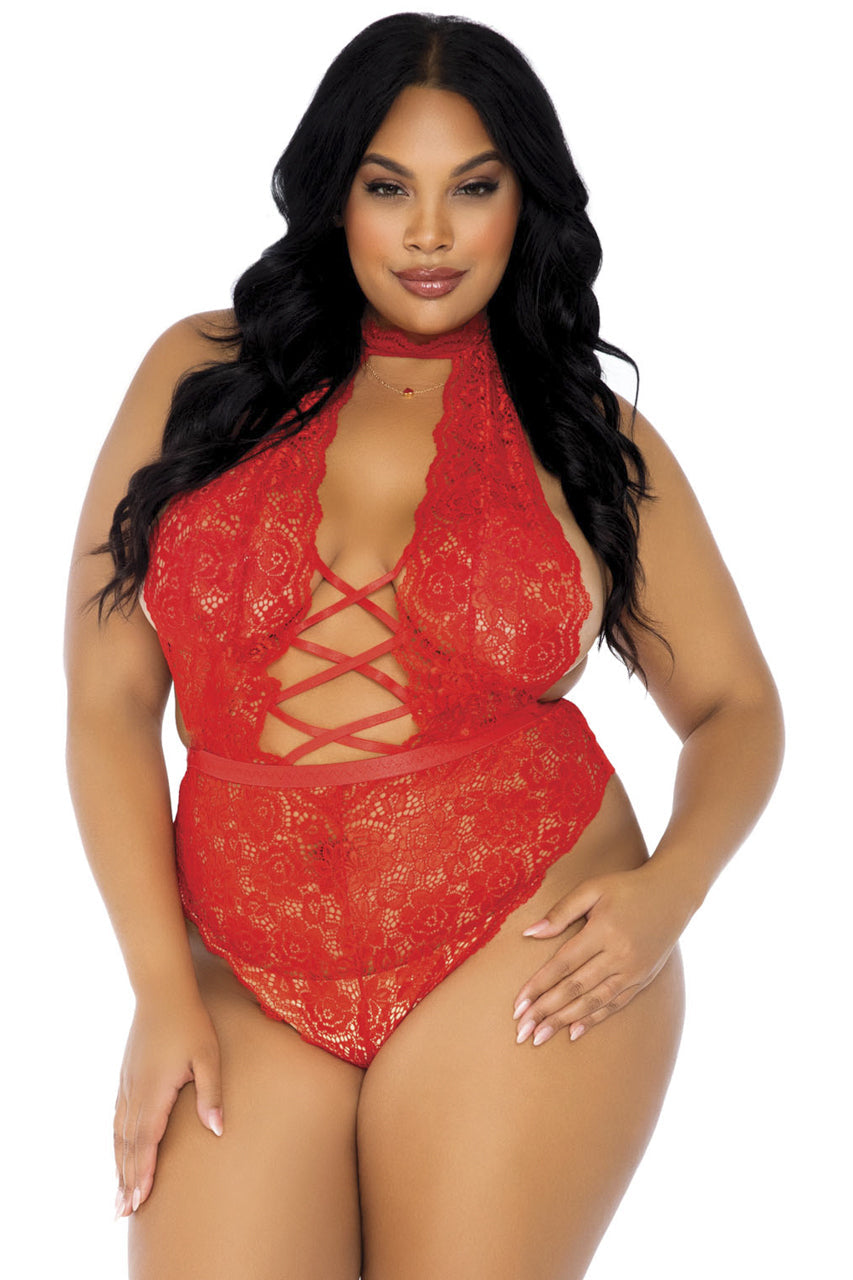 Plus Size Floral Lace Crotchless Teddy