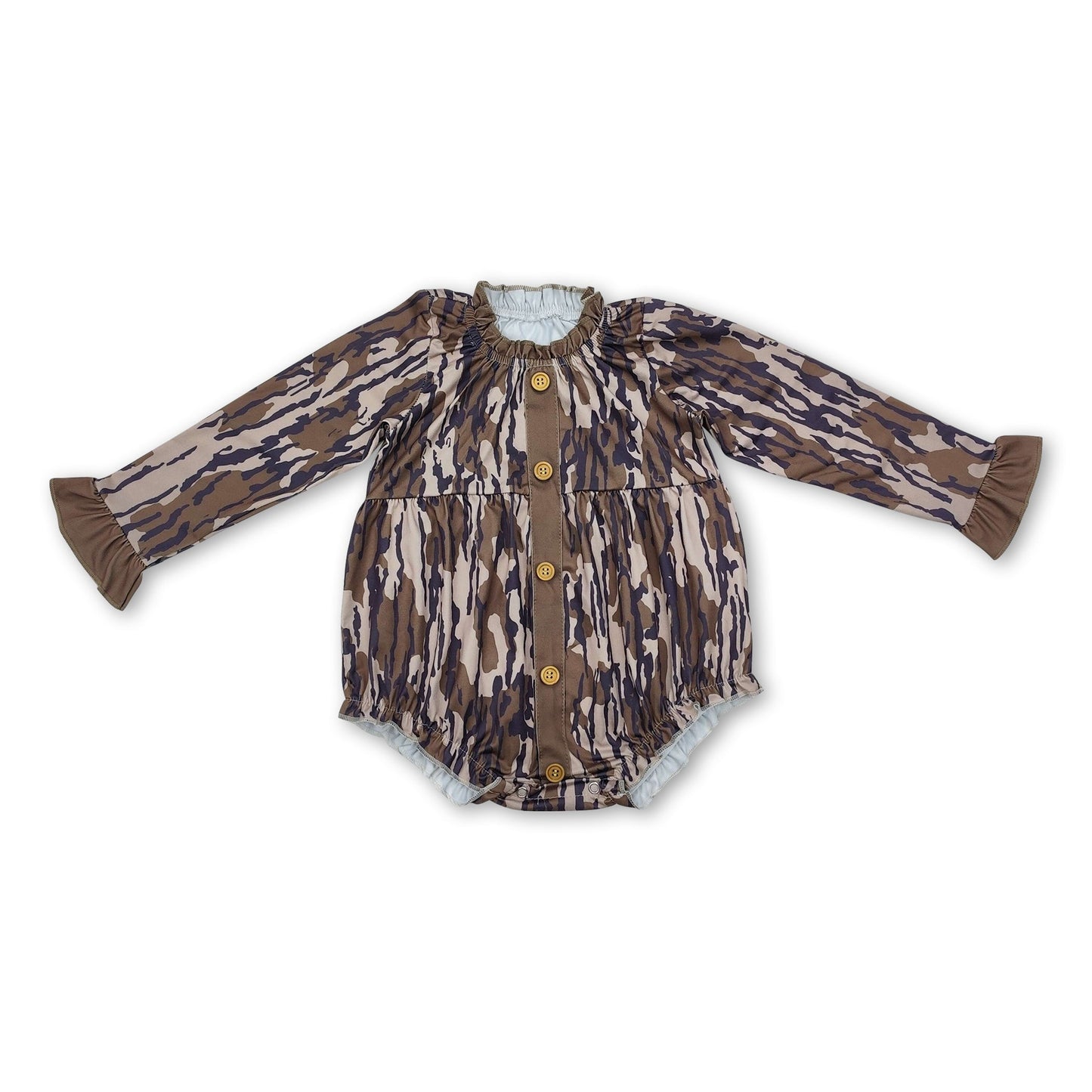 Ruffle long sleeves camo button baby girls romper