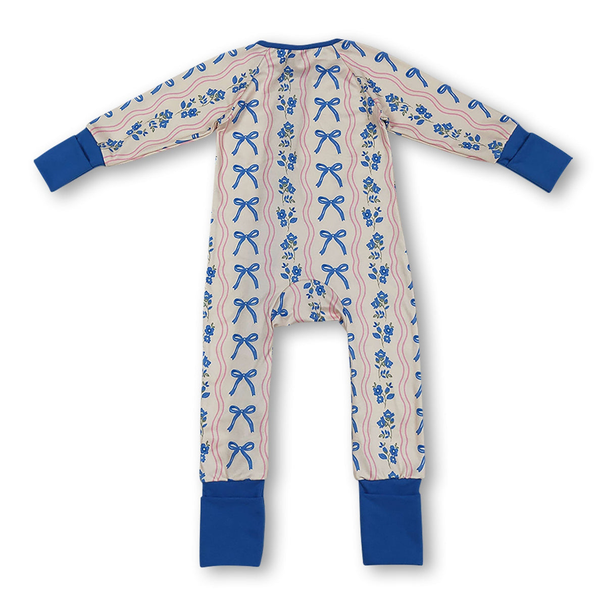 Long sleeves blue bow floral baby girls zipper romper