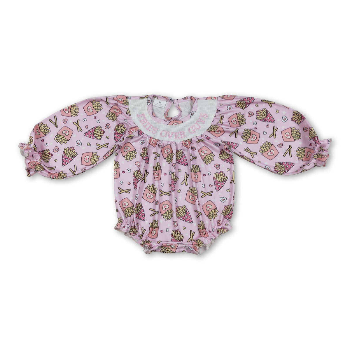 Long sleeves heart fries smocked baby girls Valentine's romper