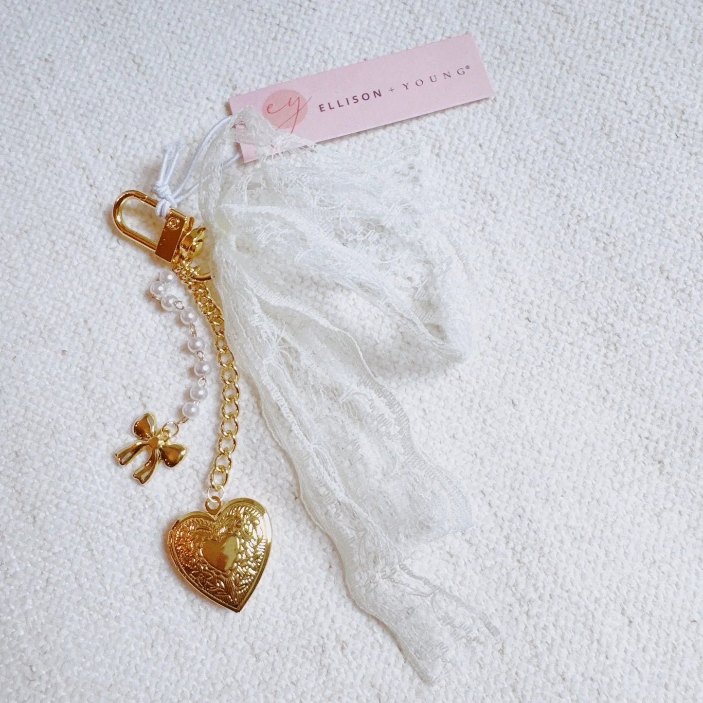 Lace & Love Heart Bag Charm – White Bow with Gold Heart | Romantic