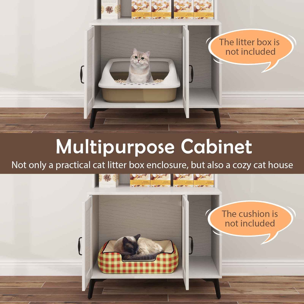 Large Cat Litter Box Enclosure with Display Storage Shelves-White