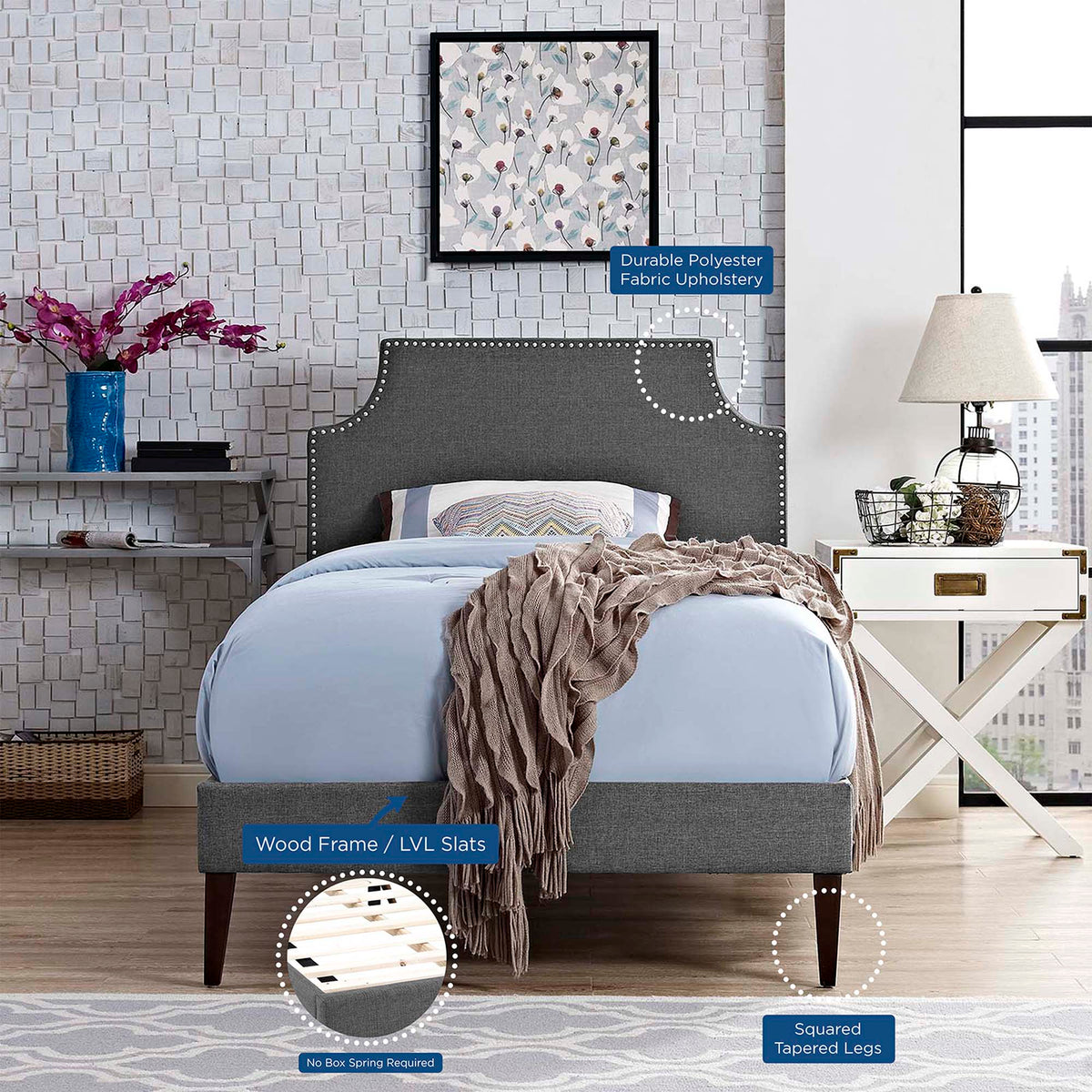 Corene Fabric Twin Platform Bed with Squared Tapered Legs by Modway