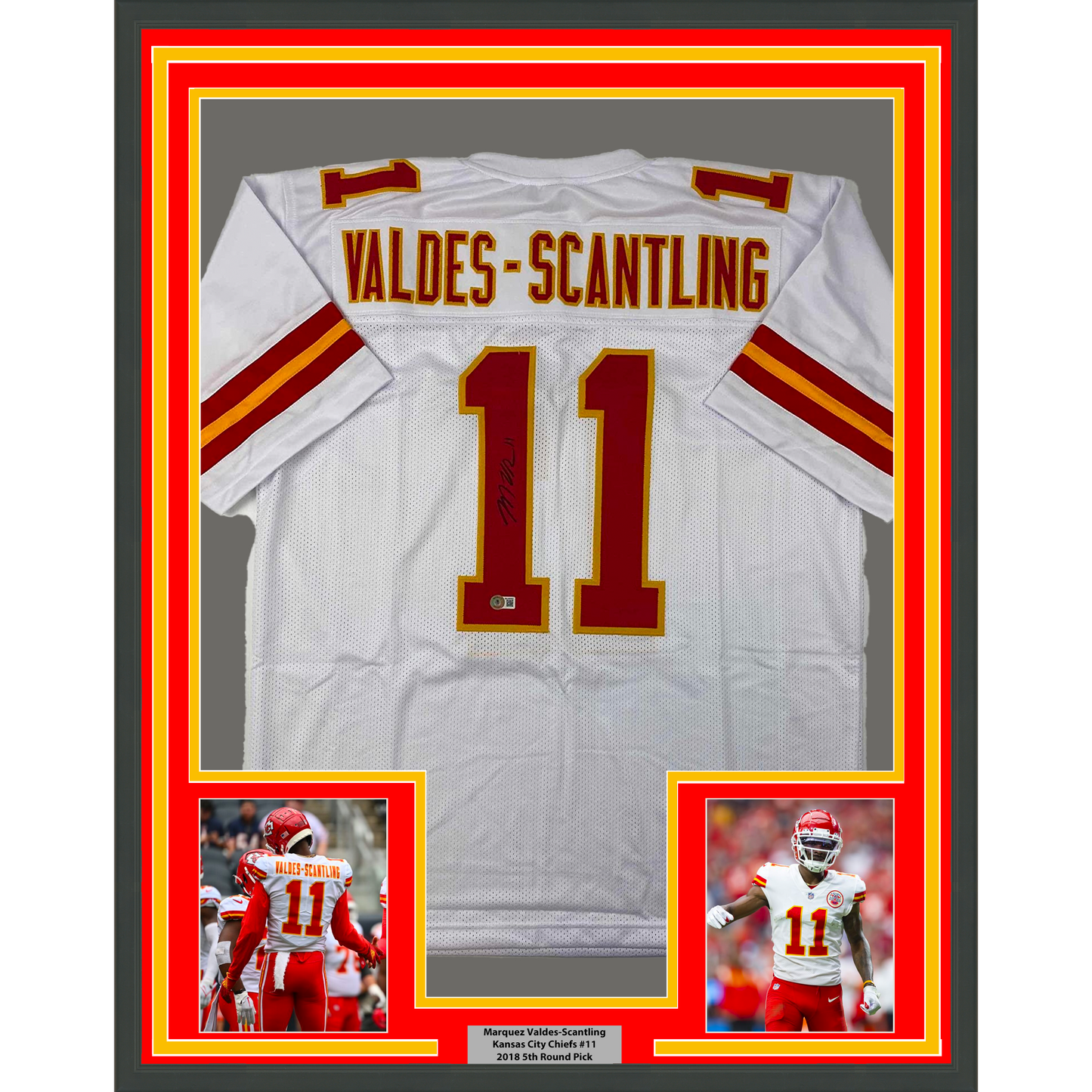Framed Autographed/Signed Marquez Valdes-Scantling 35x39 Kansas City White Football Jersey Beckett BAS COA
