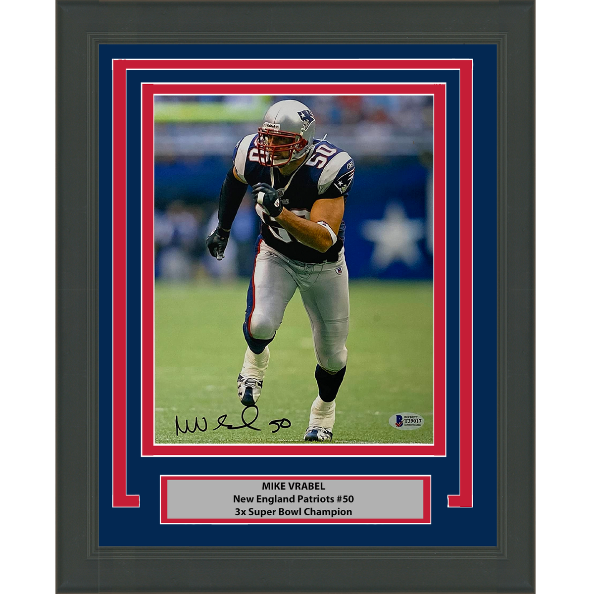 Framed Autographed/Signed Mike Vrabel New England Patriots 8x10 Football Photo Beckett BAS COA #2